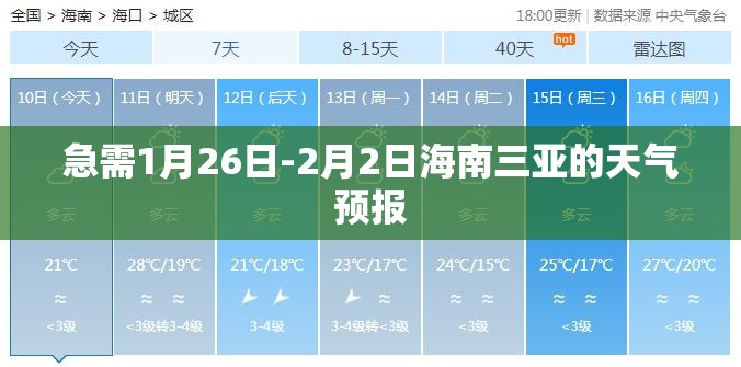 急需1月26日-2月2日海南三亚的天气预报