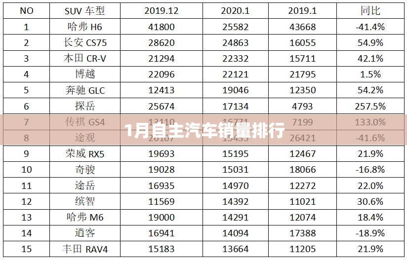 1月自主汽车销量排行 1月自主汽车销量排行