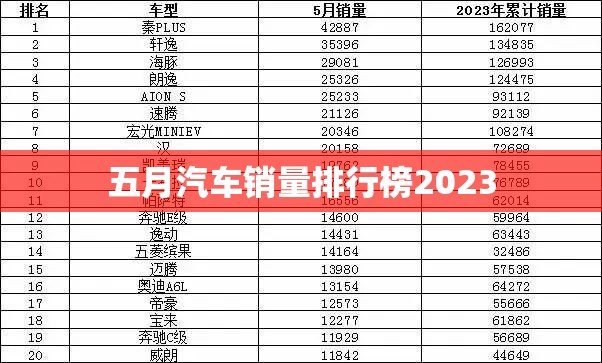 五月汽车销量排行榜2023